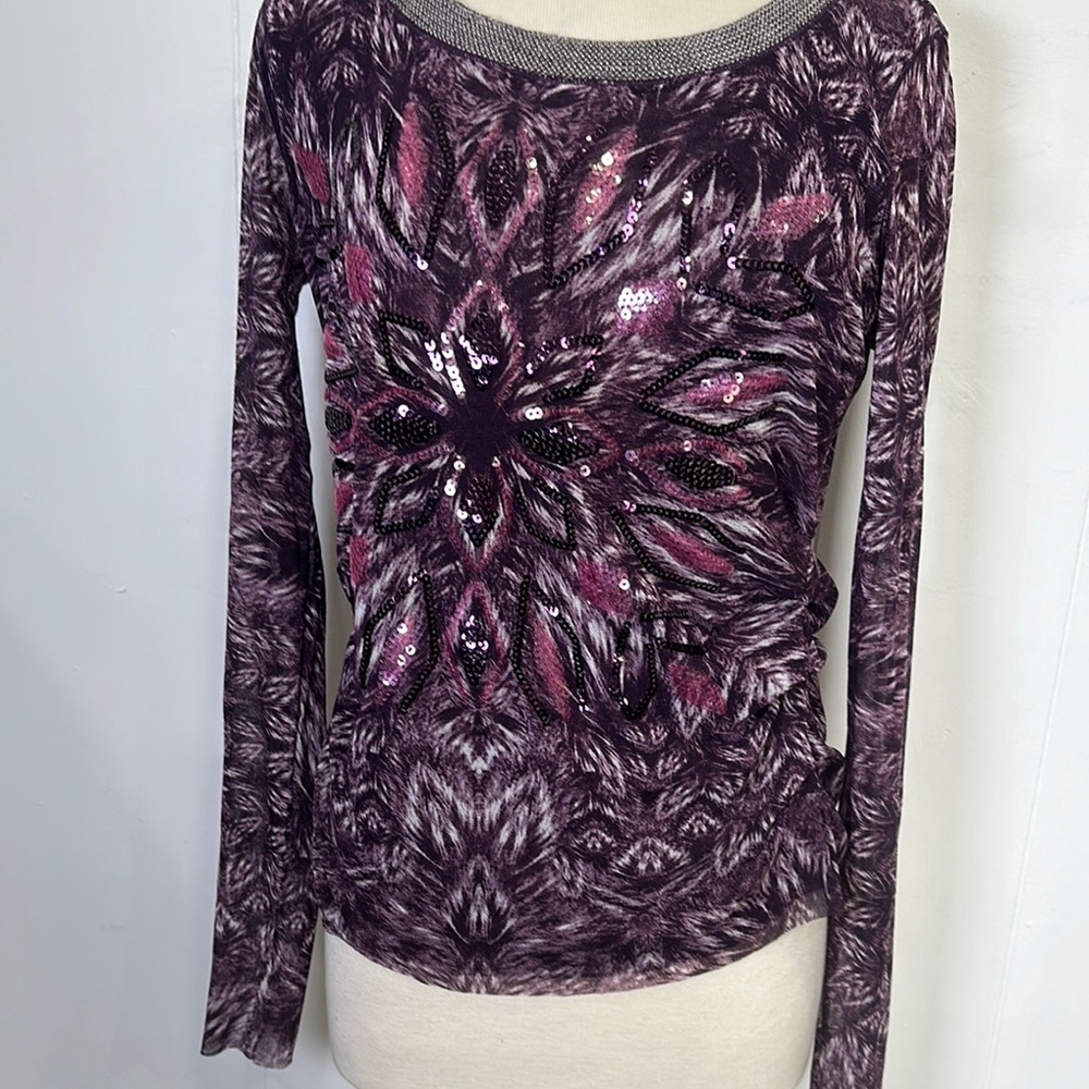 Beautiful Fuzzi mesh top in purple with sequins size L